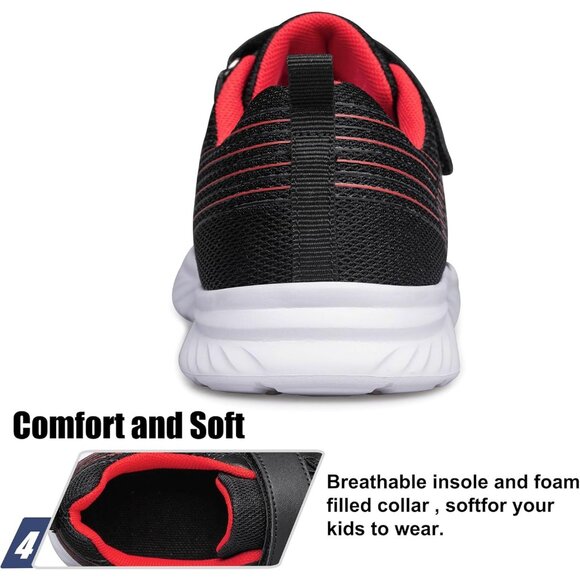Kids Black Red Lightweight Breathable Athletic Running Tennis Fitness Sneakers - Picture 6 of 6